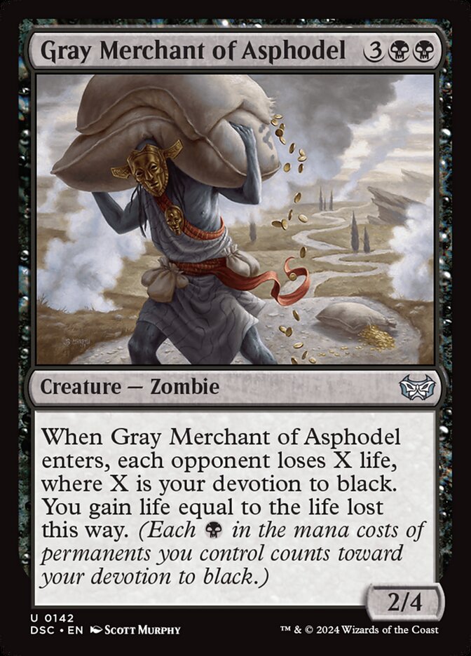 This Is An Image Of The Magic The Gathering Card Gray Merchant of Asphodel From The Set Duskmourn: House of Horror Commander - Designed By Artist Scott Murphy