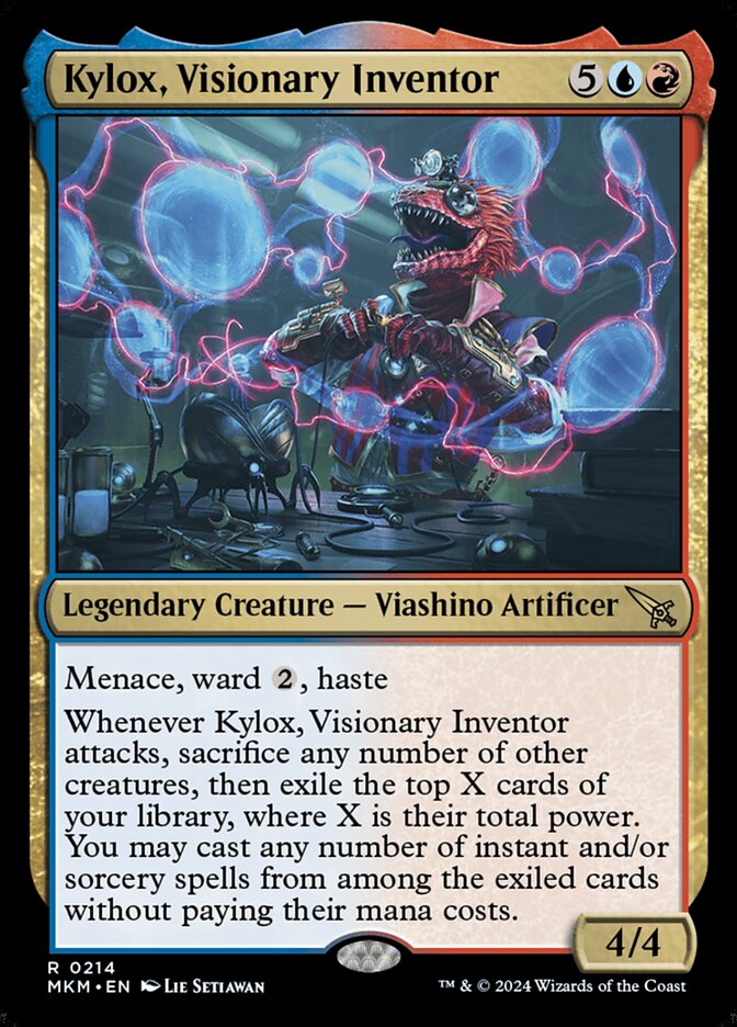 This Is An Image Of The Magic The Gathering Card Kylox, Visionary Inventor From The Set Murders at Karlov Manor - Designed By Artist Lie Setiawan