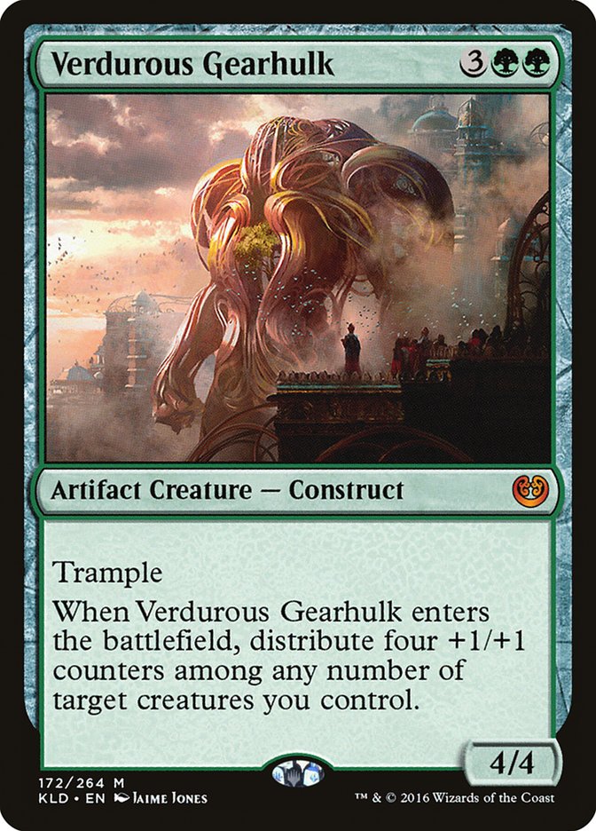 This Is An Image Of The Magic The Gathering Card Verdurous Gearhulk From The Set Midnight Hunt Commander - Designed By Artist Jaime Jones