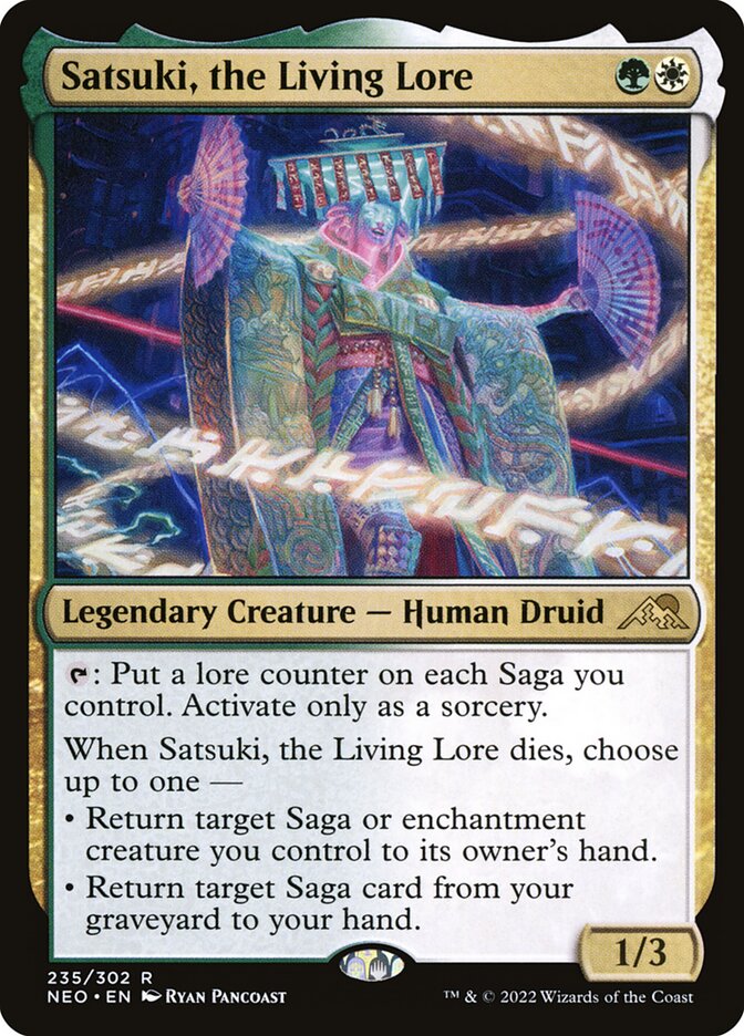 This Is An Image Of The Magic The Gathering Card Satsuki, the Living Lore From The Set Kamigawa: Neon Dynasty - Designed By Artist Ryan Pancoast
