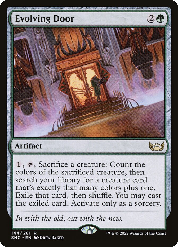 This Is An Image Of The Magic The Gathering Card Evolving Door From The Set Streets of New Capenna - Designed By Artist Drew Baker