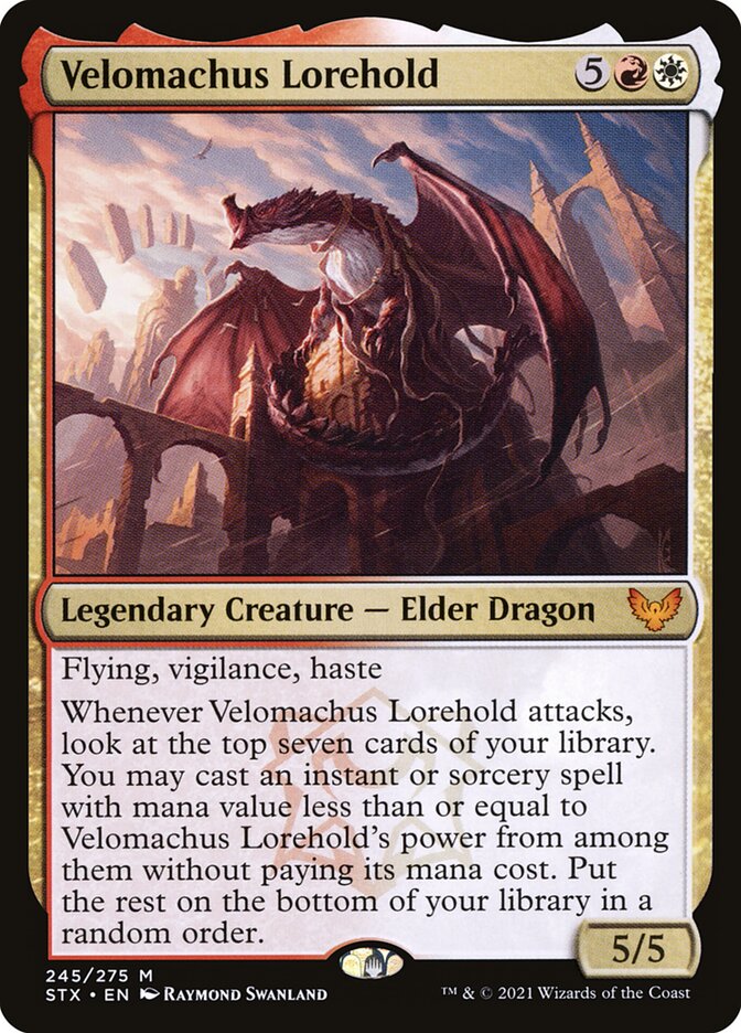 This Is An Image Of The Magic The Gathering Card Velomachus Lorehold From The Set Tarkir: Dragonstorm Commander - Designed By Artist Raymond Swanland