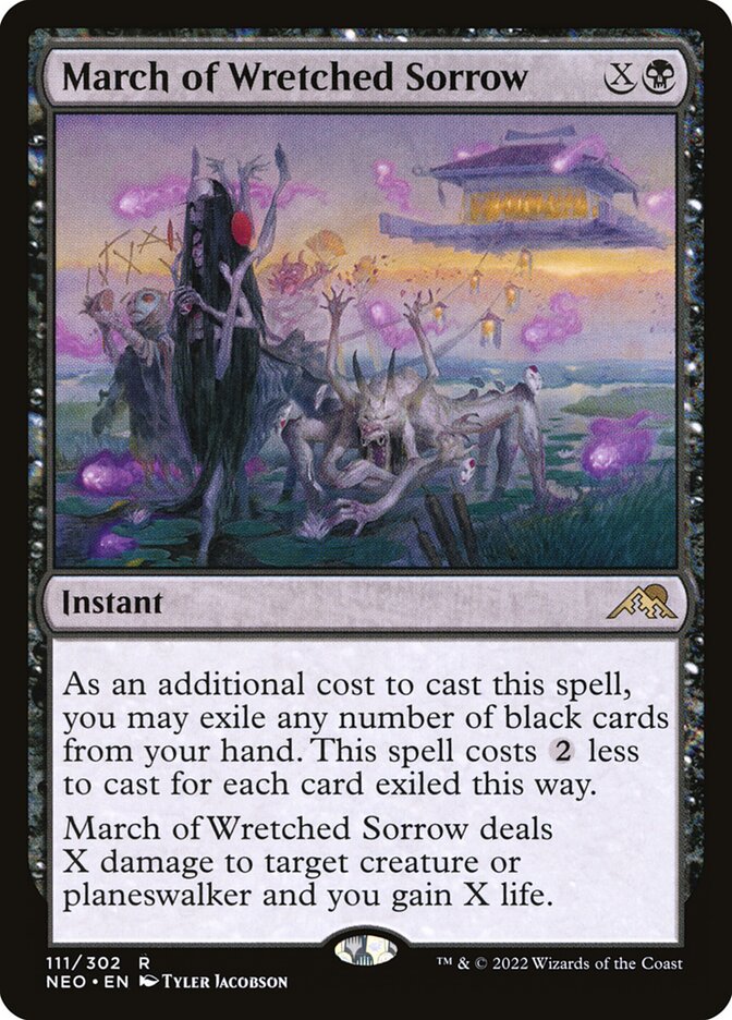 This Is An Image Of The Magic The Gathering Card March of Wretched Sorrow From The Set Kamigawa: Neon Dynasty - Designed By Artist Tyler Jacobson
