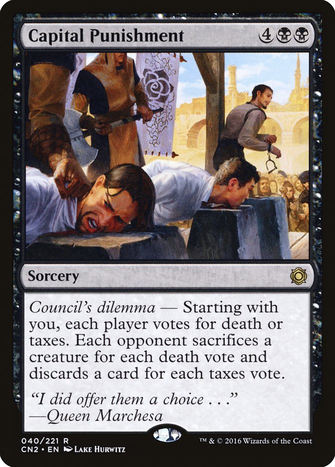 This Is An Image Of The Magic The Gathering Card Capital Punishment From The Set Conspiracy: Take the Crown - Designed By Artist Lake Hurwitz