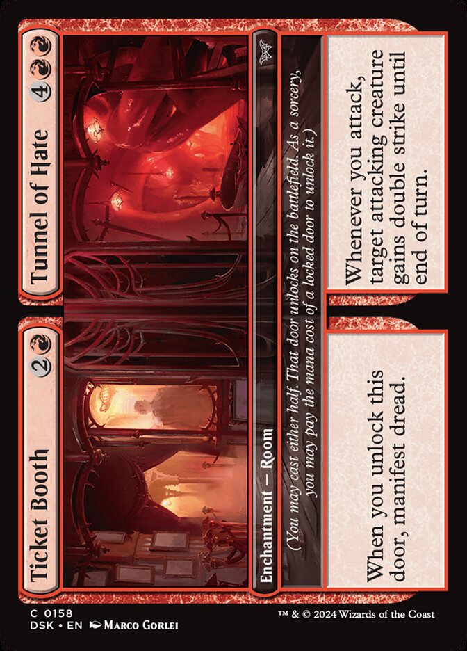 This Is An Image Of The Magic The Gathering Card Ticket Booth // Tunnel of Hate From The Set Duskmourn: House of Horror - Designed By Artist Marco Gorlei