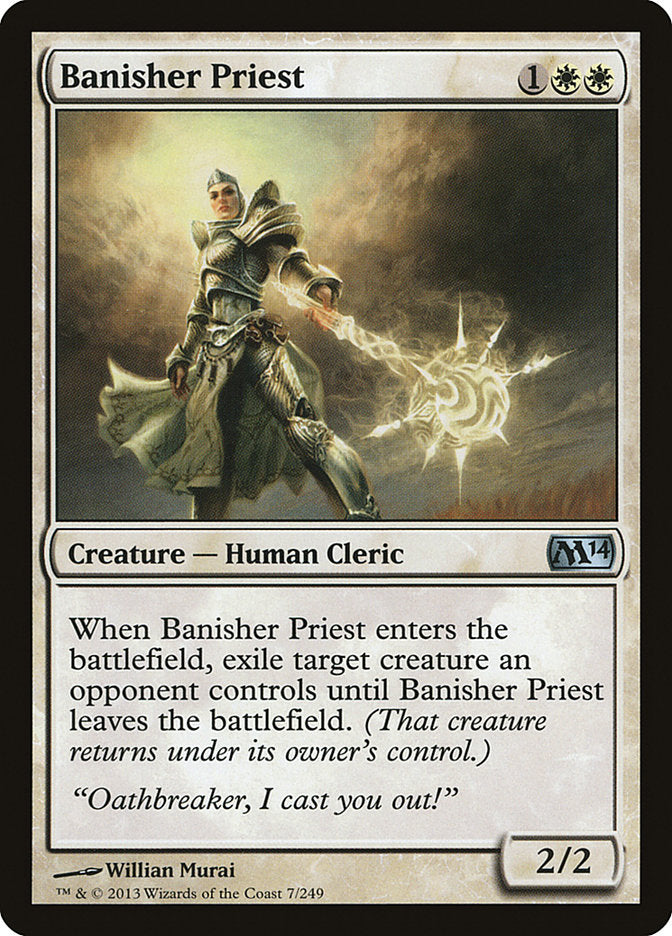 This Is An Image Of The Magic The Gathering Card Banisher Priest From The Set March of the Machine Commander - Designed By Artist Willian Murai