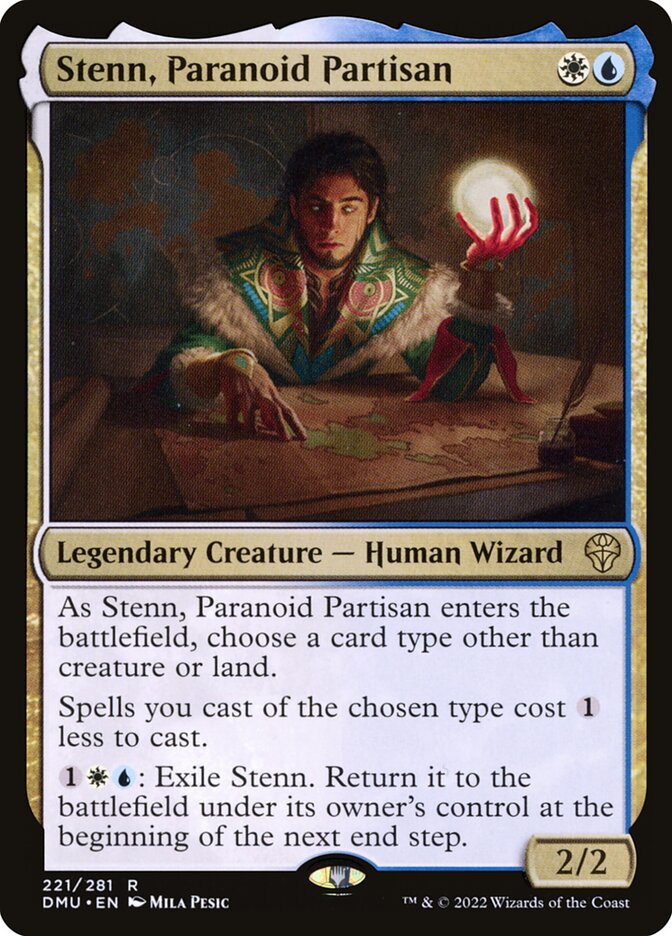This Is An Image Of The Magic The Gathering Card Stenn, Paranoid Partisan From The Set Dominaria United - Designed By Artist Mila Pesic