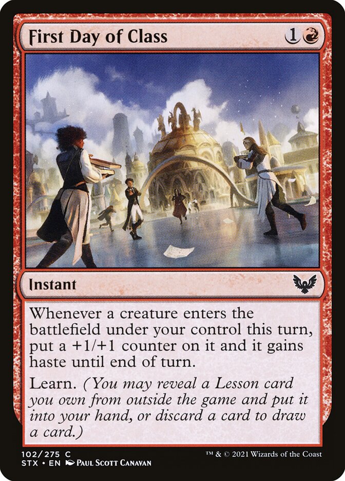 This Is An Image Of The Magic The Gathering Card First Day of Class From The Set Strixhaven: School of Mages - Designed By Artist Paul Scott Canavan