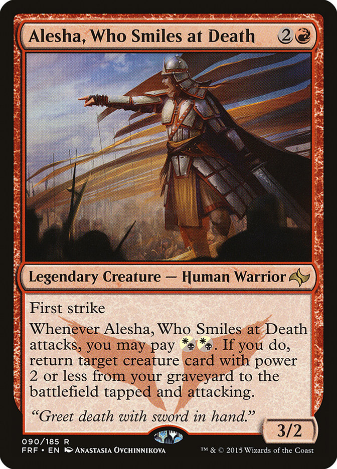 This Is An Image Of The Magic The Gathering Card Alesha, Who Smiles at Death From The Set Dominaria United Commander - Designed By Artist Anastasia Ovchinnikova