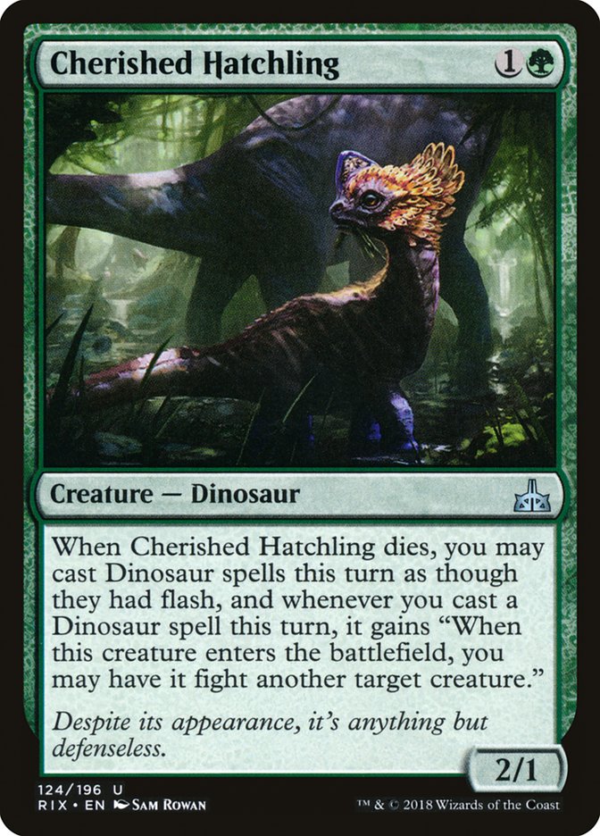 This Is An Image Of The Magic The Gathering Card Cherished Hatchling From The Set Rivals of Ixalan - Designed By Artist Sam Rowan