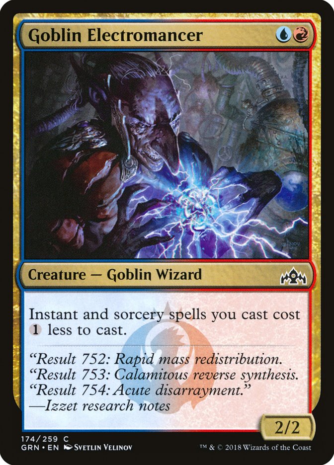 This Is An Image Of The Magic The Gathering Card Goblin Electromancer From The Set Tarkir: Dragonstorm Commander - Designed By Artist Edgar Sánchez Hidalgo