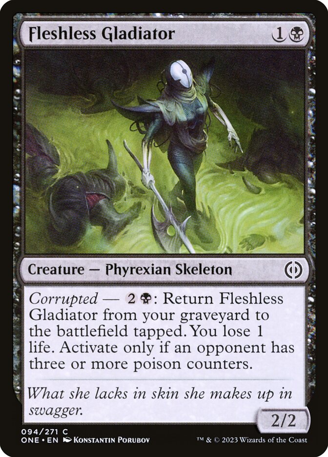 This Is An Image Of The Magic The Gathering Card Fleshless Gladiator From The Set Phyrexia: All Will Be One - Designed By Artist Konstantin Porubov
