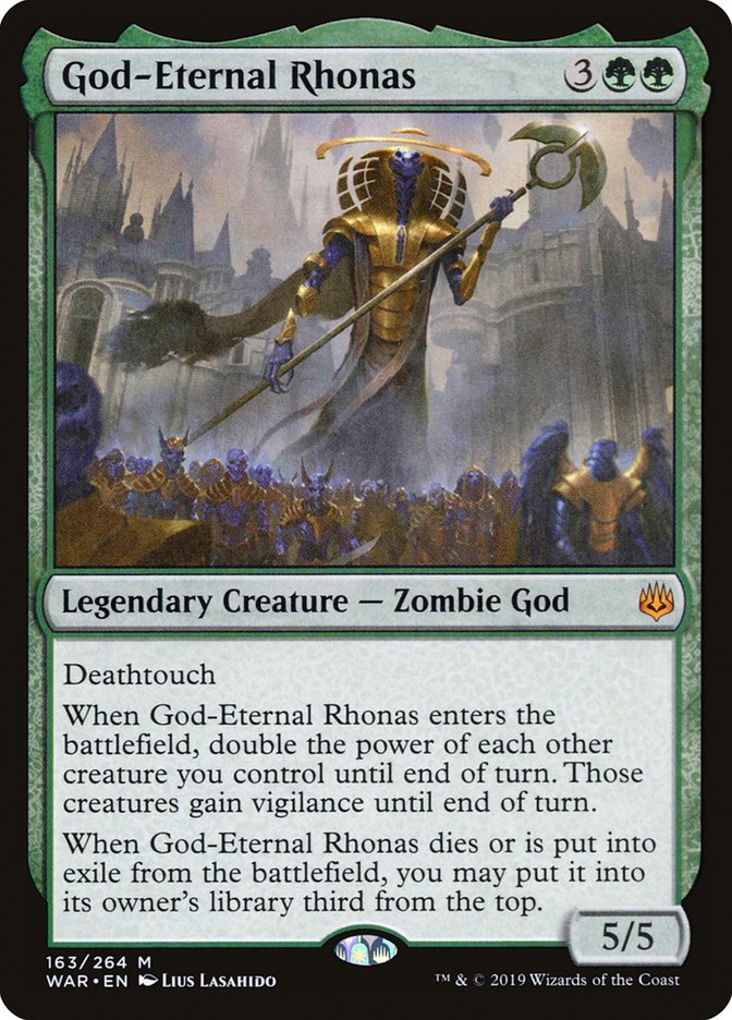 This Is An Image Of The Magic The Gathering Card God-Eternal Rhonas From The Set War of the Spark - Designed By Artist Lius Lasahido