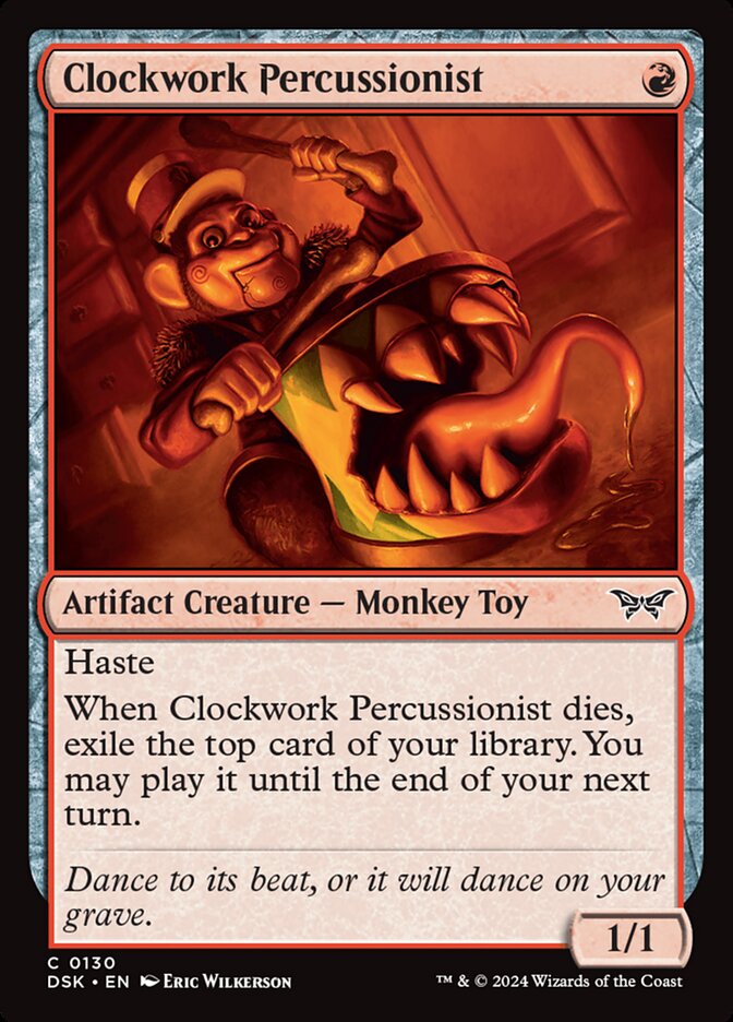 This Is An Image Of The Magic The Gathering Card Clockwork Percussionist From The Set Duskmourn: House of Horror - Designed By Artist Eric Wilkerson