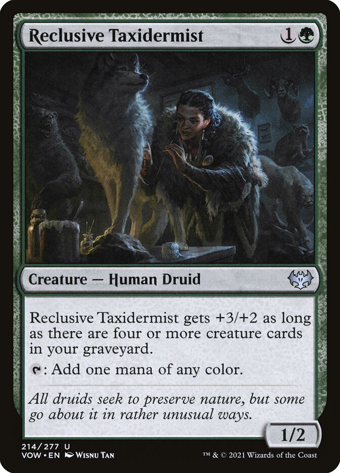This Is An Image Of The Magic The Gathering Card Reclusive Taxidermist From The Set Innistrad: Crimson Vow - Designed By Artist Wisnu Tan