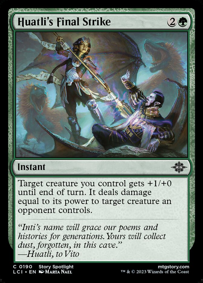 This Is An Image Of The Magic The Gathering Card Huatli's Final Strike From The Set The Lost Caverns of Ixalan - Designed By Artist Marta Nael