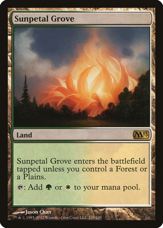 This Is An Image Of The Magic The Gathering Card Sunpetal Grove From The Set Tarkir: Dragonstorm Commander - Designed By Artist Dimitar Marinski