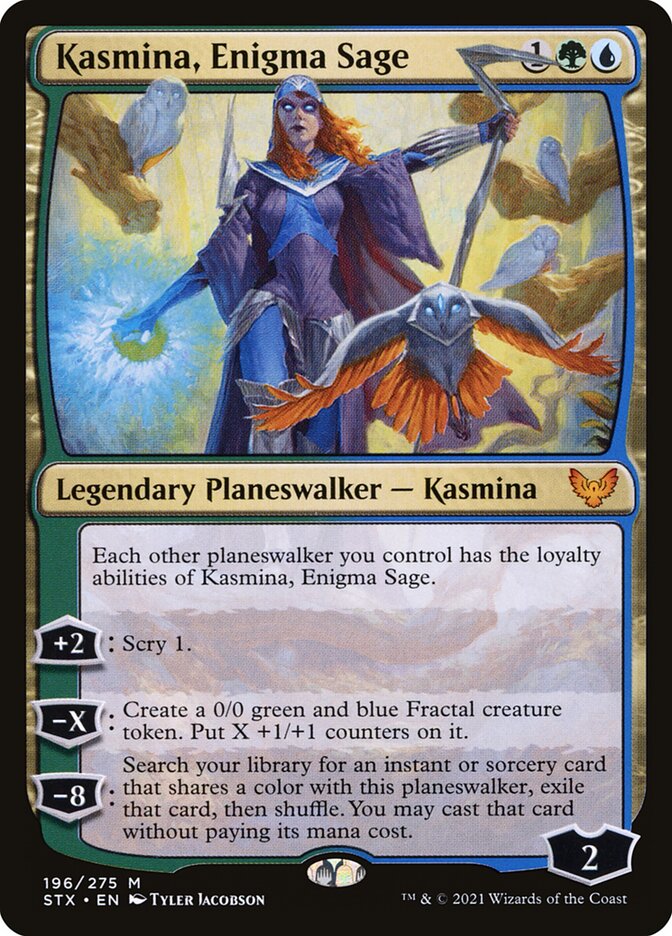 This Is An Image Of The Magic The Gathering Card Kasmina, Enigma Sage From The Set Strixhaven: School of Mages - Designed By Artist Tyler Jacobson