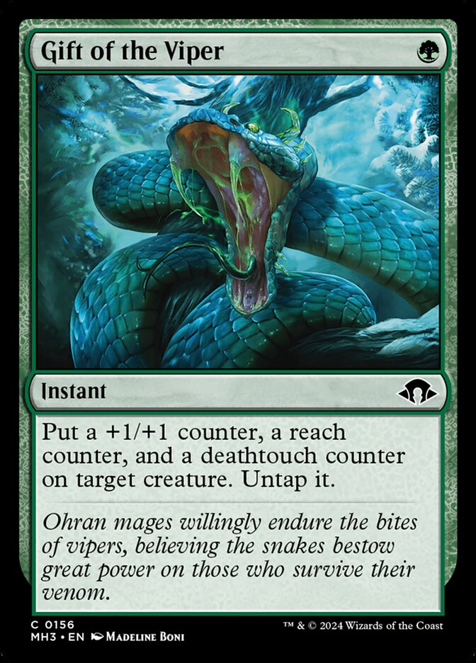 This Is An Image Of The Magic The Gathering Card Gift of the Viper From The Set Modern Horizons 3 - Designed By Artist Madeline Boni