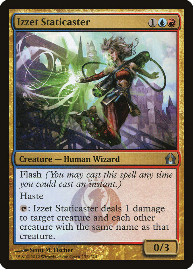 This Is An Image Of The Magic The Gathering Card Izzet Staticaster From The Set Return to Ravnica - Designed By Artist Scott M. Fischer