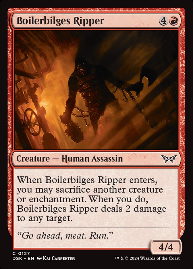 This Is An Image Of The Magic The Gathering Card Boilerbilges Ripper From The Set Duskmourn: House of Horror - Designed By Artist Kai Carpenter