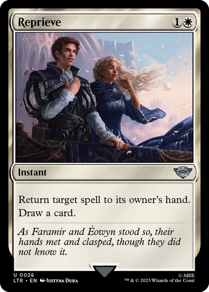 This Is An Image Of The Magic The Gathering Card Reprieve From The Set The Lord of the Rings: Tales of Middle-earth - Designed By Artist Justyna Dura