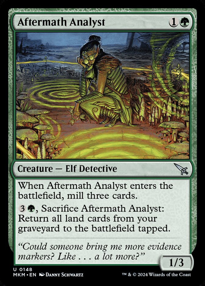 This Is An Image Of The Magic The Gathering Card Aftermath Analyst From The Set Murders at Karlov Manor - Designed By Artist Danny Schwartz