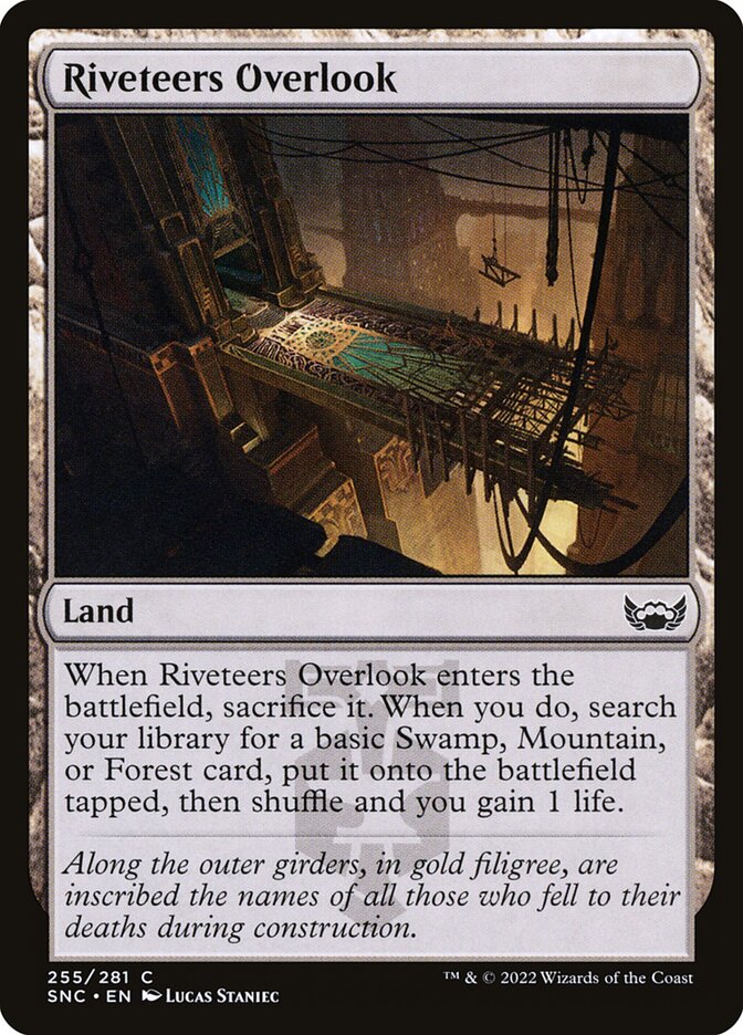 This Is An Image Of The Magic The Gathering Card Riveteers Overlook From The Set Streets of New Capenna - Designed By Artist Lucas Staniec