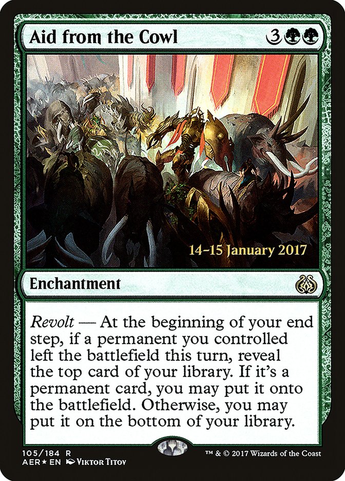 This Is An Image Of The Magic The Gathering Card Aid from the Cowl From The Set March of the Machine Commander - Designed By Artist Viktor Titov