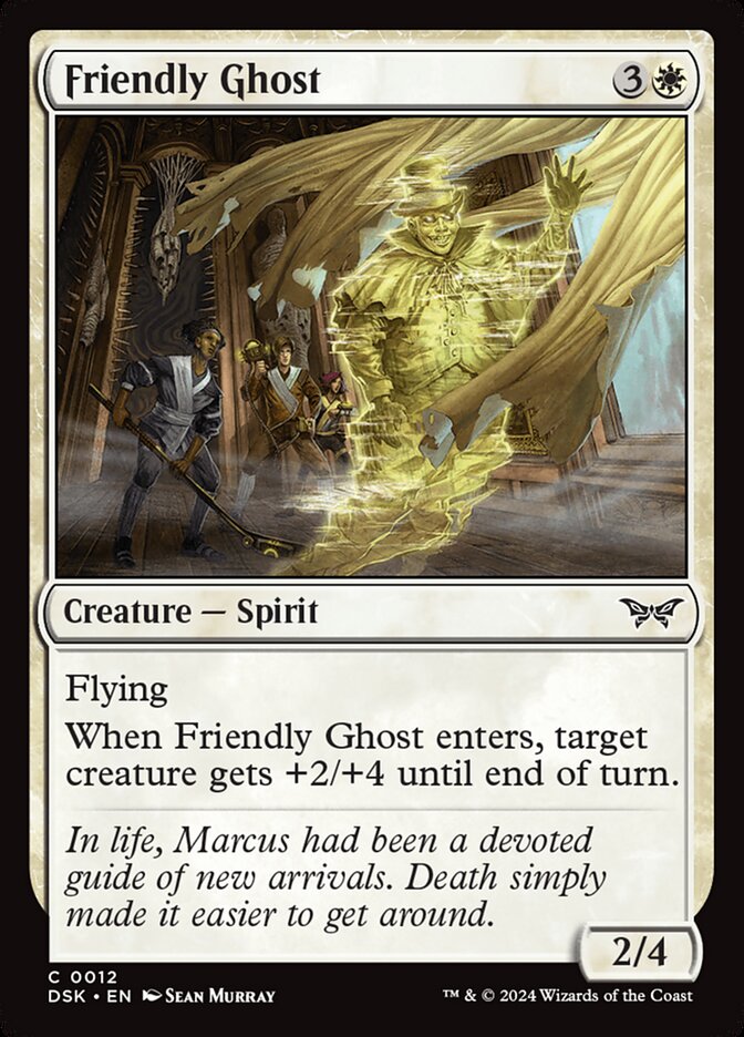 This Is An Image Of The Magic The Gathering Card Friendly Ghost From The Set Duskmourn: House of Horror - Designed By Artist Sean Murray