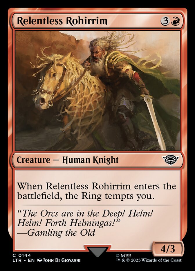 This Is An Image Of The Magic The Gathering Card Relentless Rohirrim From The Set The Lord of the Rings: Tales of Middle-earth - Designed By Artist John Di Giovanni