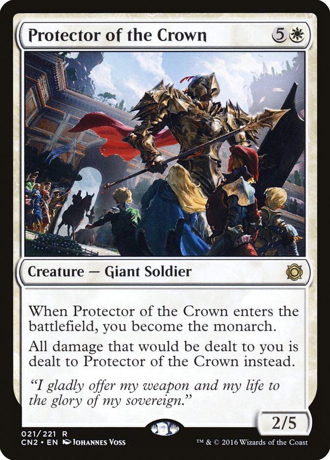 This Is An Image Of The Magic The Gathering Card Protector of the Crown From The Set Conspiracy: Take the Crown - Designed By Artist Johannes Voss