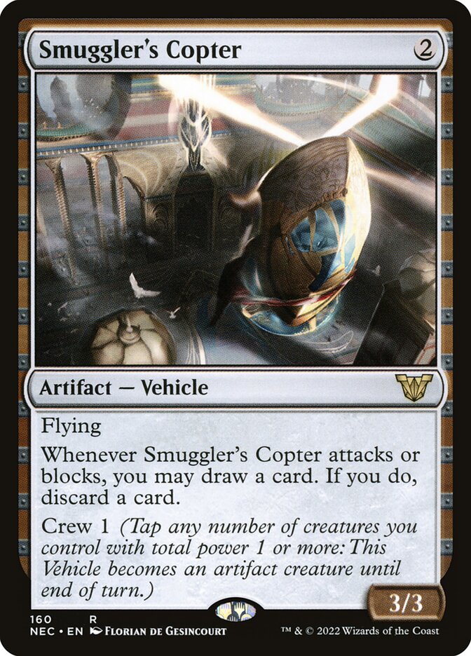 This Is An Image Of The Magic The Gathering Card Smuggler's Copter From The Set Neon Dynasty Commander - Designed By Artist Florian de Gesincourt