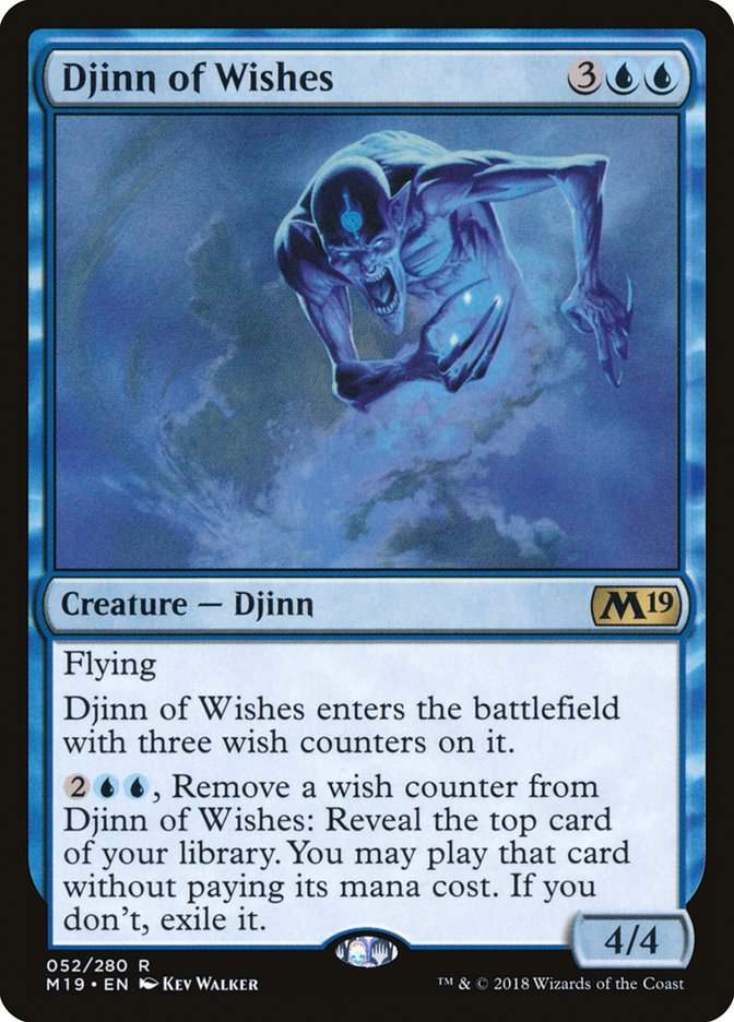 This Is An Image Of The Magic The Gathering Card Djinn of Wishes From The Set Commander 2018 - Designed By Artist Kev Walker