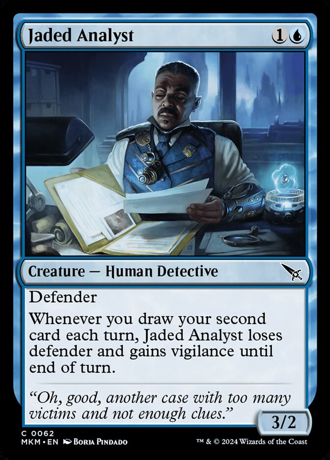 This Is An Image Of The Magic The Gathering Card Jaded Analyst From The Set Murders at Karlov Manor - Designed By Artist Borja Pindado
