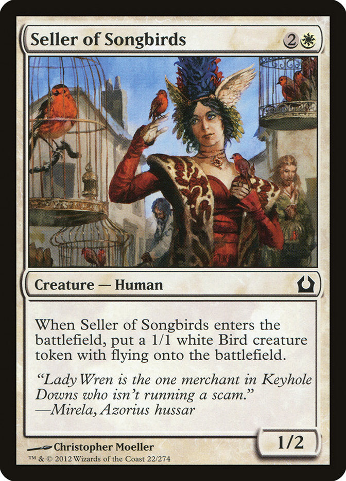 This Is An Image Of The Magic The Gathering Card Seller of Songbirds From The Set Ravnica: Clue Edition - Designed By Artist Christopher Moeller