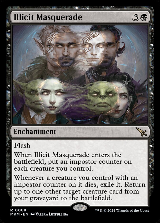 This Is An Image Of The Magic The Gathering Card Illicit Masquerade From The Set Murders at Karlov Manor - Designed By Artist Valera Lutfullina