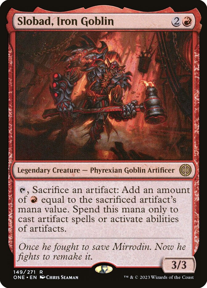 This Is An Image Of The Magic The Gathering Card Slobad, Iron Goblin From The Set Phyrexia: All Will Be One - Designed By Artist Chris Seaman