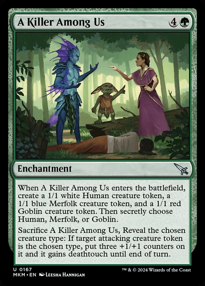 This Is An Image Of The Magic The Gathering Card A Killer Among Us From The Set Murders at Karlov Manor - Designed By Artist Leesha Hannigan
