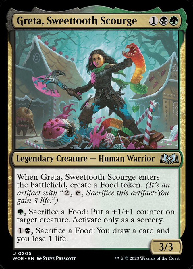 This Is An Image Of The Magic The Gathering Card Greta, Sweettooth Scourge From The Set Wilds of Eldraine - Designed By Artist Steve Prescott