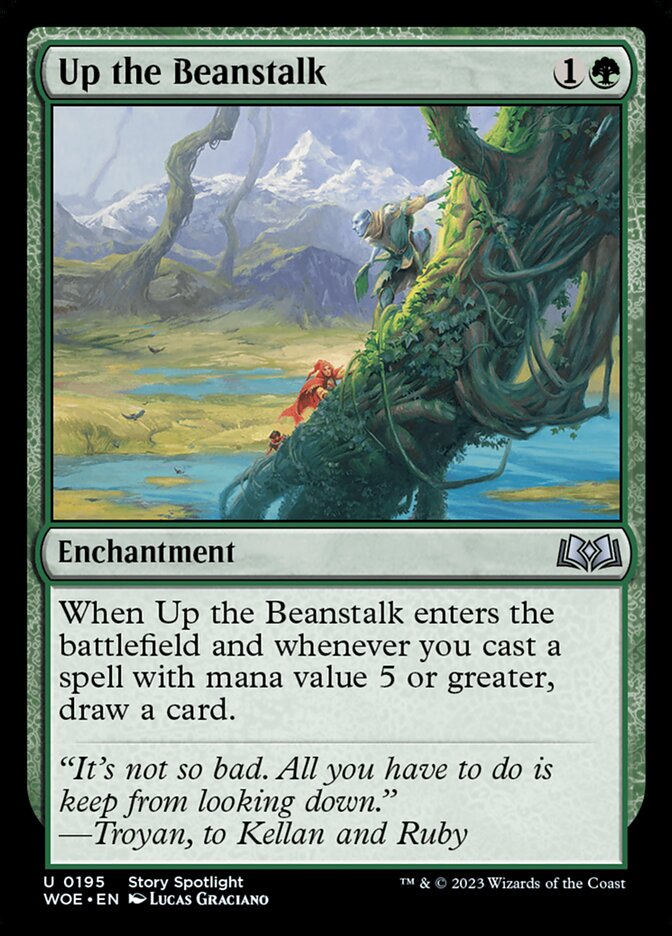This Is An Image Of The Magic The Gathering Card Up the Beanstalk From The Set Wilds of Eldraine - Designed By Artist Lucas Graciano