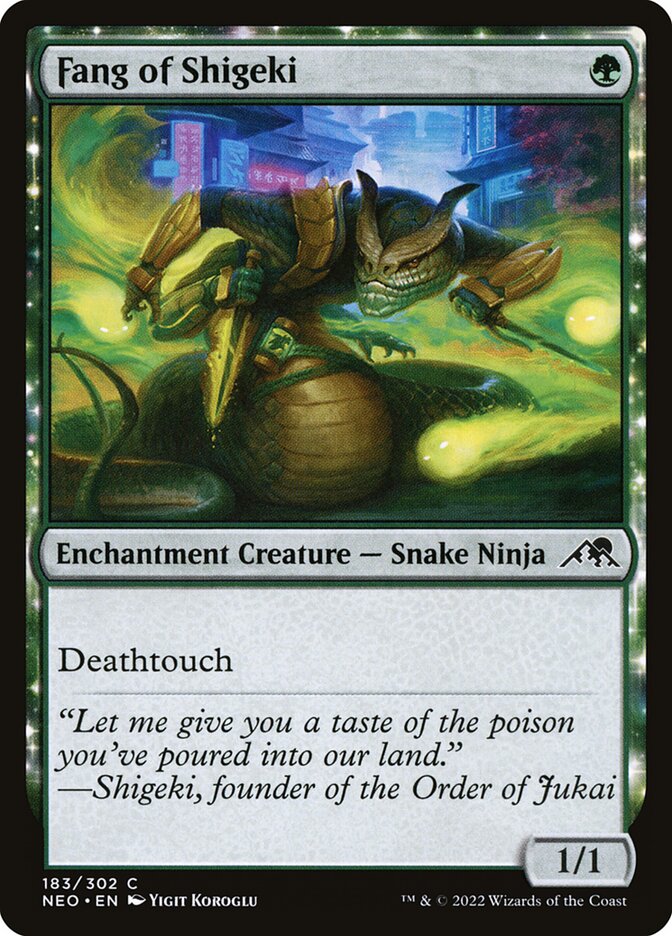 This Is An Image Of The Magic The Gathering Card Fang of Shigeki From The Set Kamigawa: Neon Dynasty - Designed By Artist Yigit Koroglu