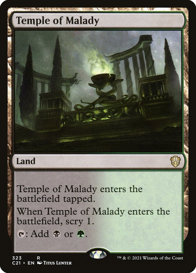 This Is An Image Of The Magic The Gathering Card Temple of Malady From The Set Tarkir: Dragonstorm Commander - Designed By Artist Titus Lunter