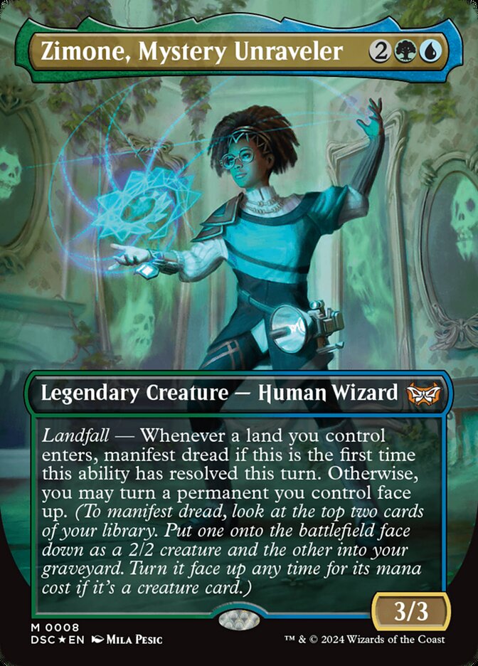 This Is An Image Of The Magic The Gathering Card Zimone, Mystery Unraveler From The Set Duskmourn: House of Horror Commander - Designed By Artist Mila Pesic