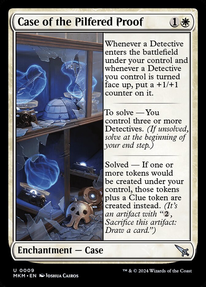 This Is An Image Of The Magic The Gathering Card Case of the Pilfered Proof From The Set Murders at Karlov Manor - Designed By Artist Joshua Cairos
