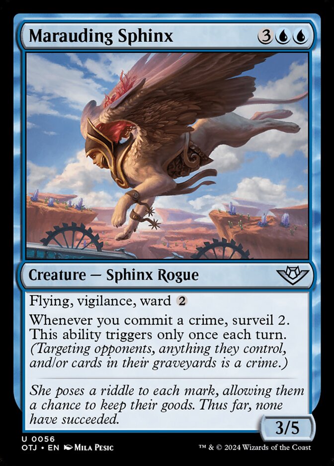 This Is An Image Of The Magic The Gathering Card Marauding Sphinx From The Set Outlaws of Thunder Junction - Designed By Artist Mila Pesic