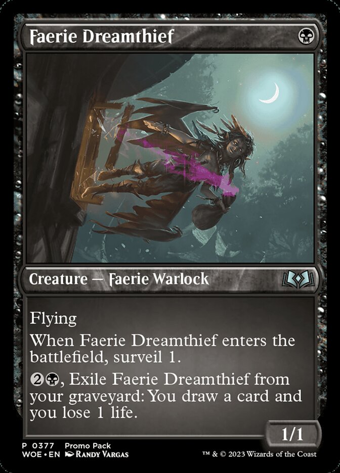 This Is An Image Of The Magic The Gathering Card Faerie Dreamthief From The Set Wilds of Eldraine - Designed By Artist Randy Vargas