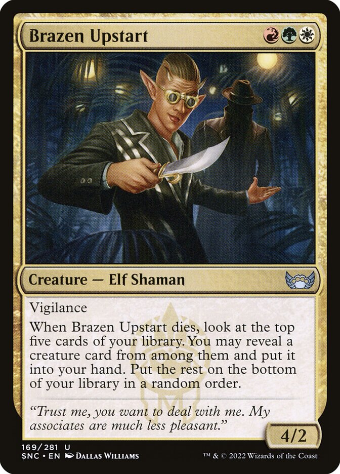 This Is An Image Of The Magic The Gathering Card Brazen Upstart From The Set Streets of New Capenna - Designed By Artist Dallas Williams