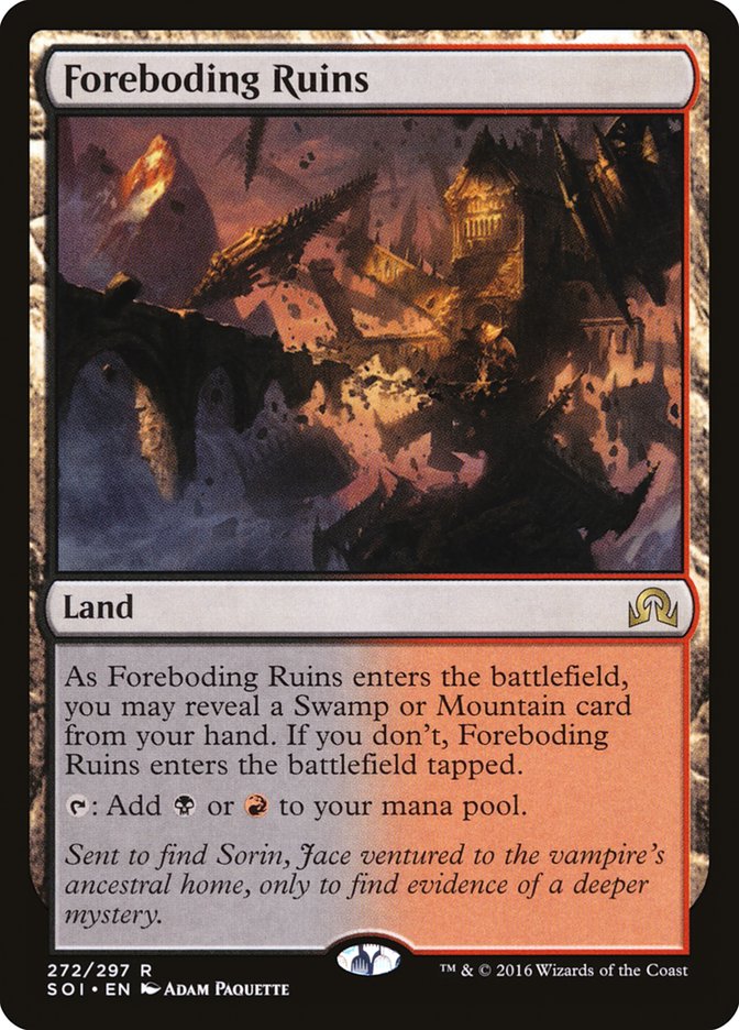This Is An Image Of The Magic The Gathering Card Foreboding Ruins From The Set Duskmourn: House of Horror Commander - Designed By Artist Adam Paquette