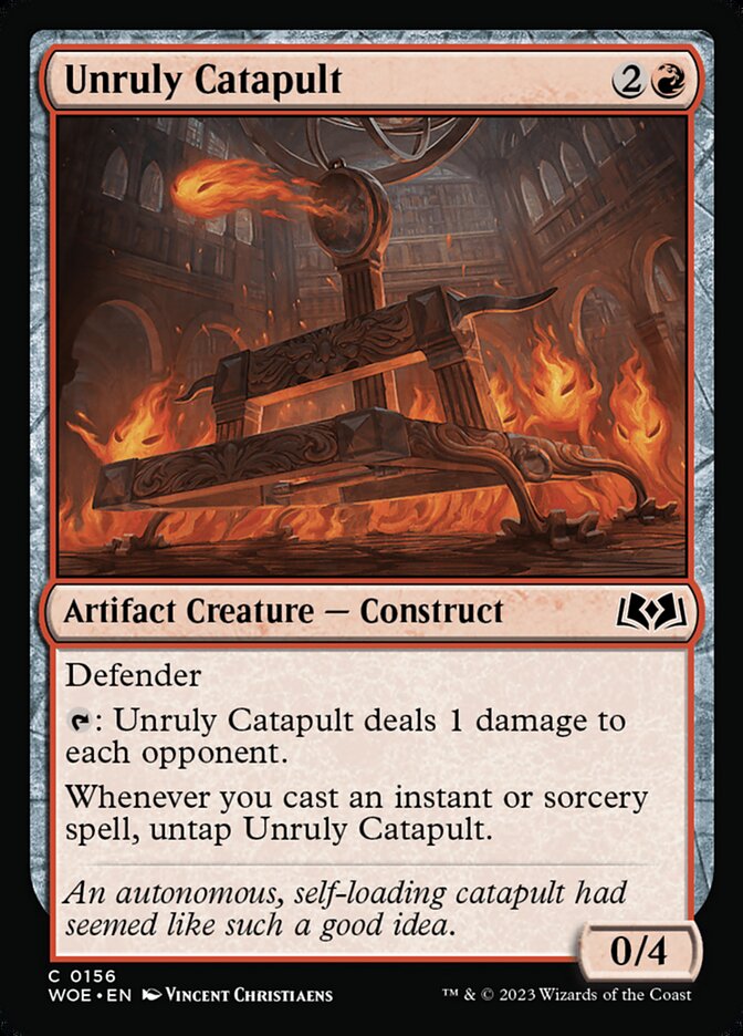 This Is An Image Of The Magic The Gathering Card Unruly Catapult From The Set Wilds of Eldraine - Designed By Artist Vincent Christiaens
